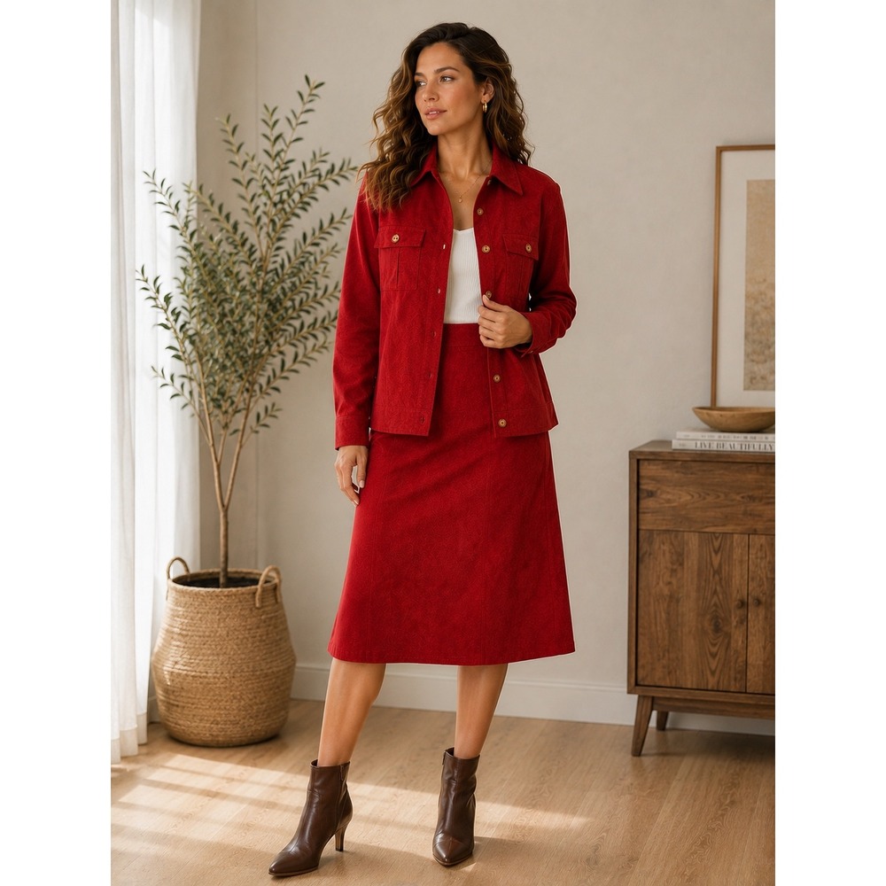 Vintage French Faux Suede Skirt Suit Set Red Belted Jacket 1980s Paris Made